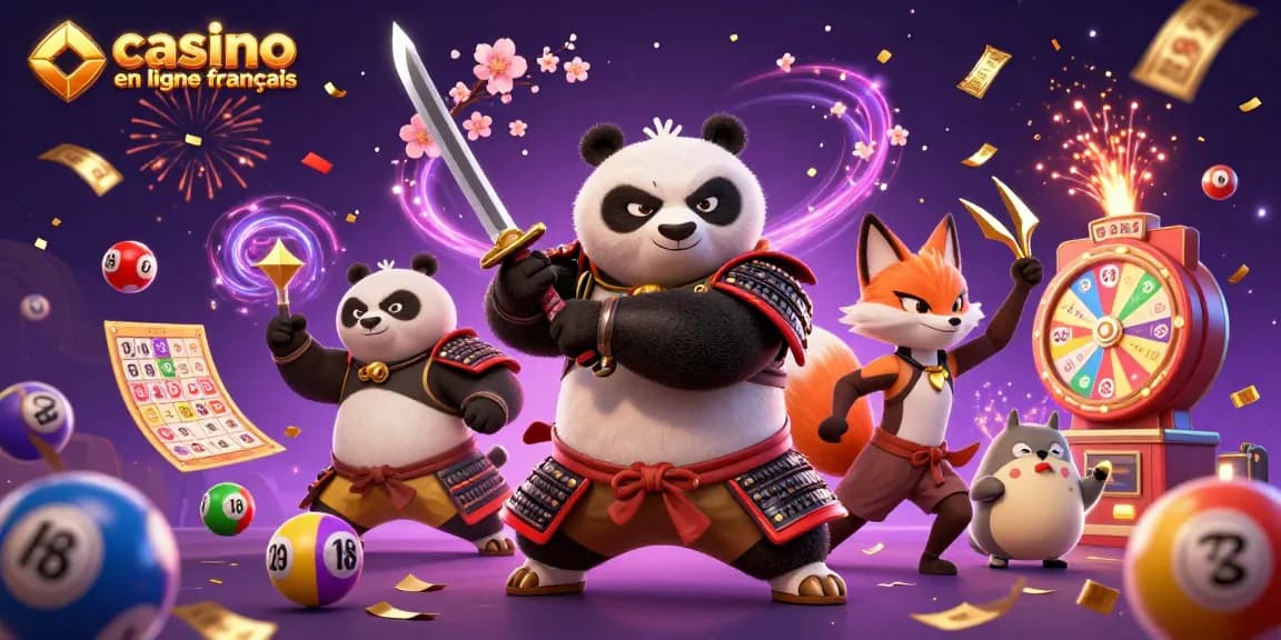 Gagnez au casino en ligne français avec un panda samouraï et un renard ninja dans un univers coloré.