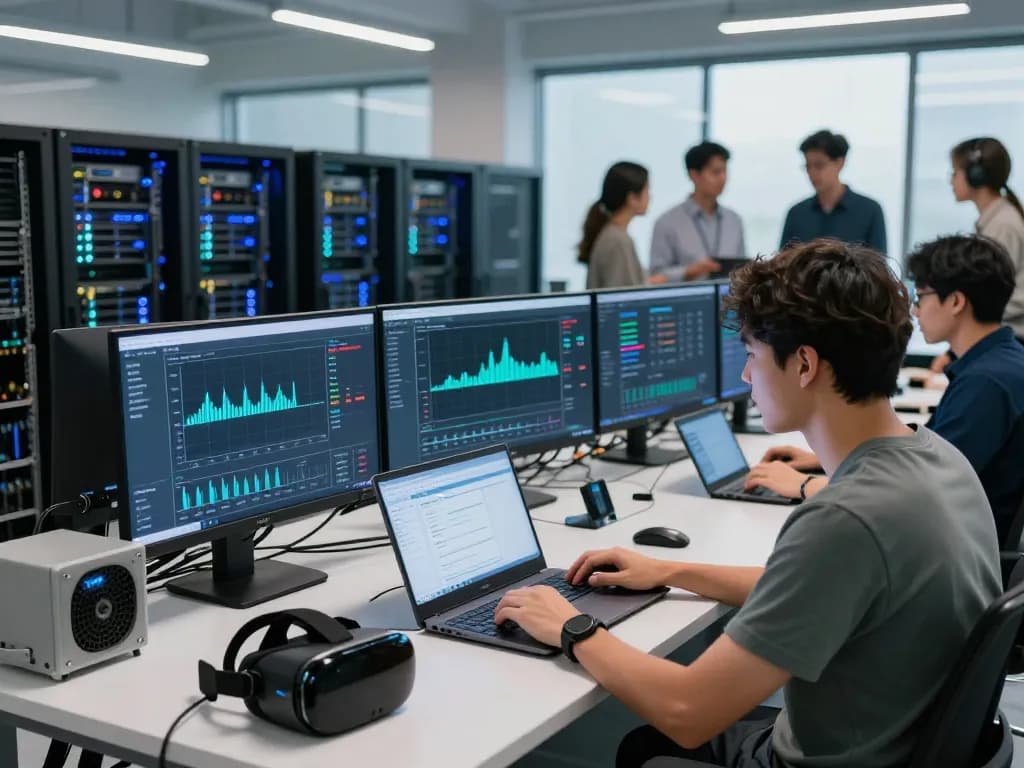 Technician analyzing IODeFi cloud mining data in a modern data center.
