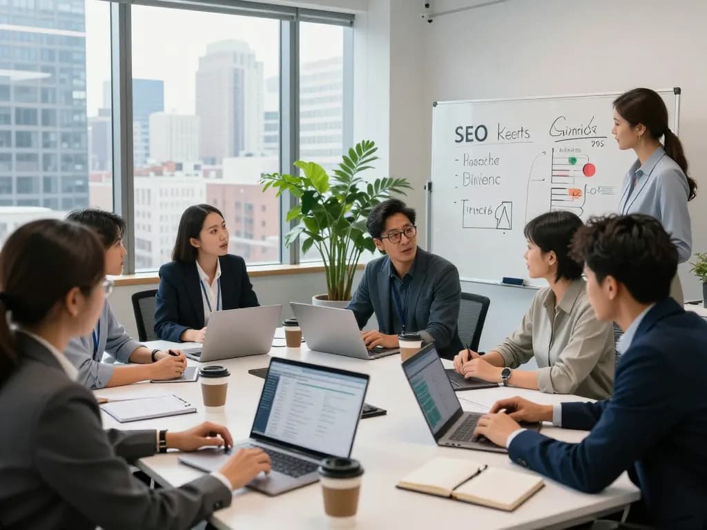 Collaboration among a diverse team in an NYC SEO Company meeting, showcasing strategy discussions.