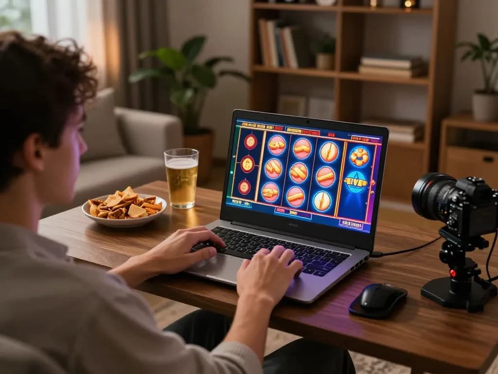 Engaging with slot server luar negeri on a laptop in a cozy home setting.