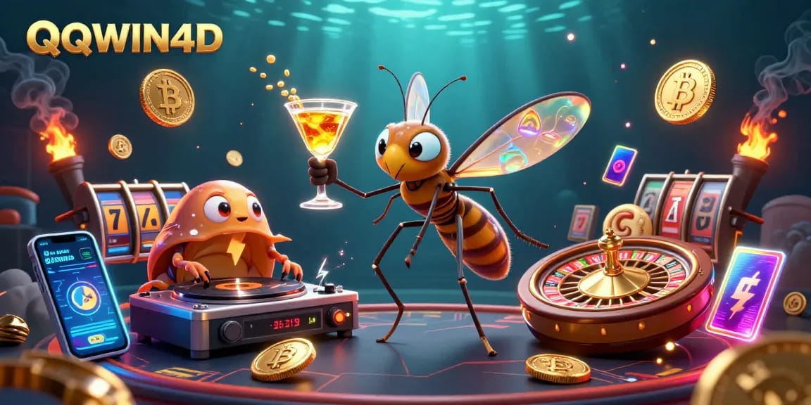 QQWIN4D menampilkan karakter kasino dengan simbol slot yang memukau dalam ilustrasi 3D.