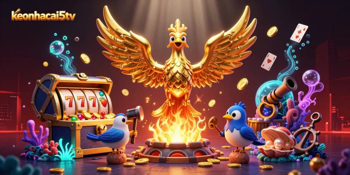 Engage with keonhacai5tv through a thrilling depiction of a casino scene filled with a golden phoenix and slot symbols.