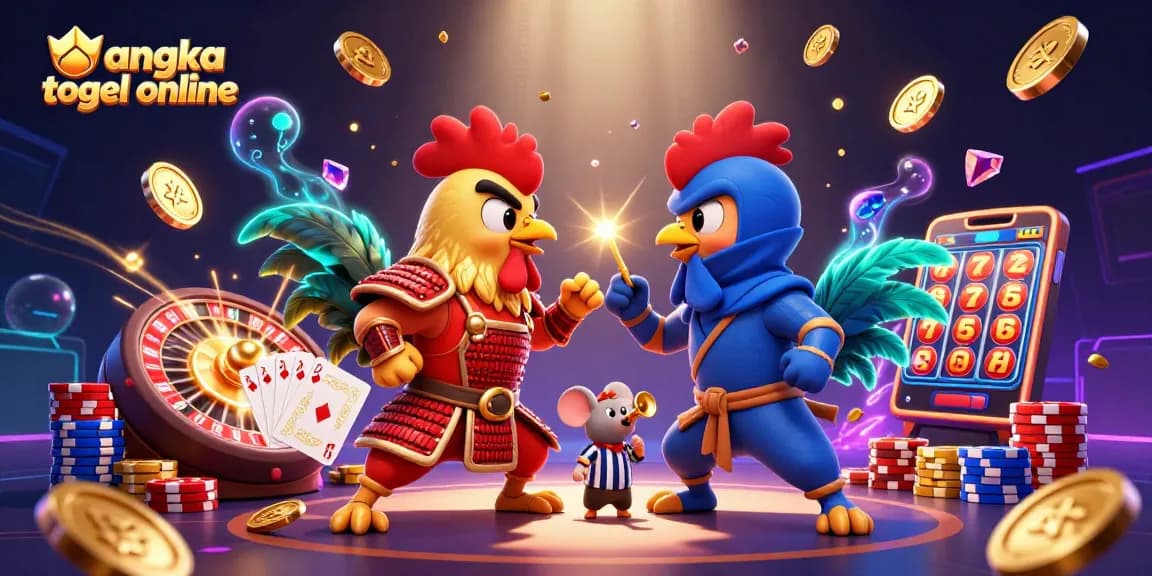 Engage in angka togel online with thrilling visuals of a dynamic rooster duel in a colorful casino setting.