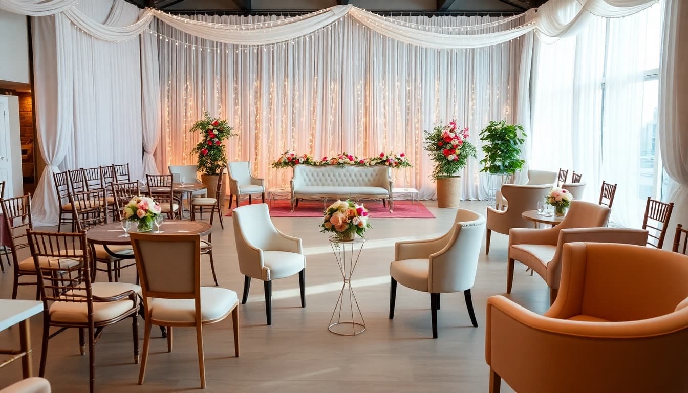 Discover stylish chair rentals in an elegantly decorated event space.