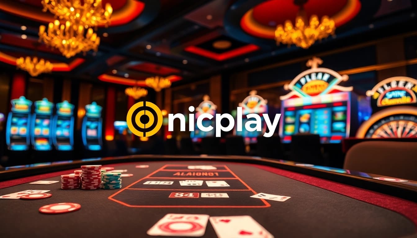 Illustration of an exciting online gambling scene featuring Onicplay, with vibrant slot machines and poker tables.