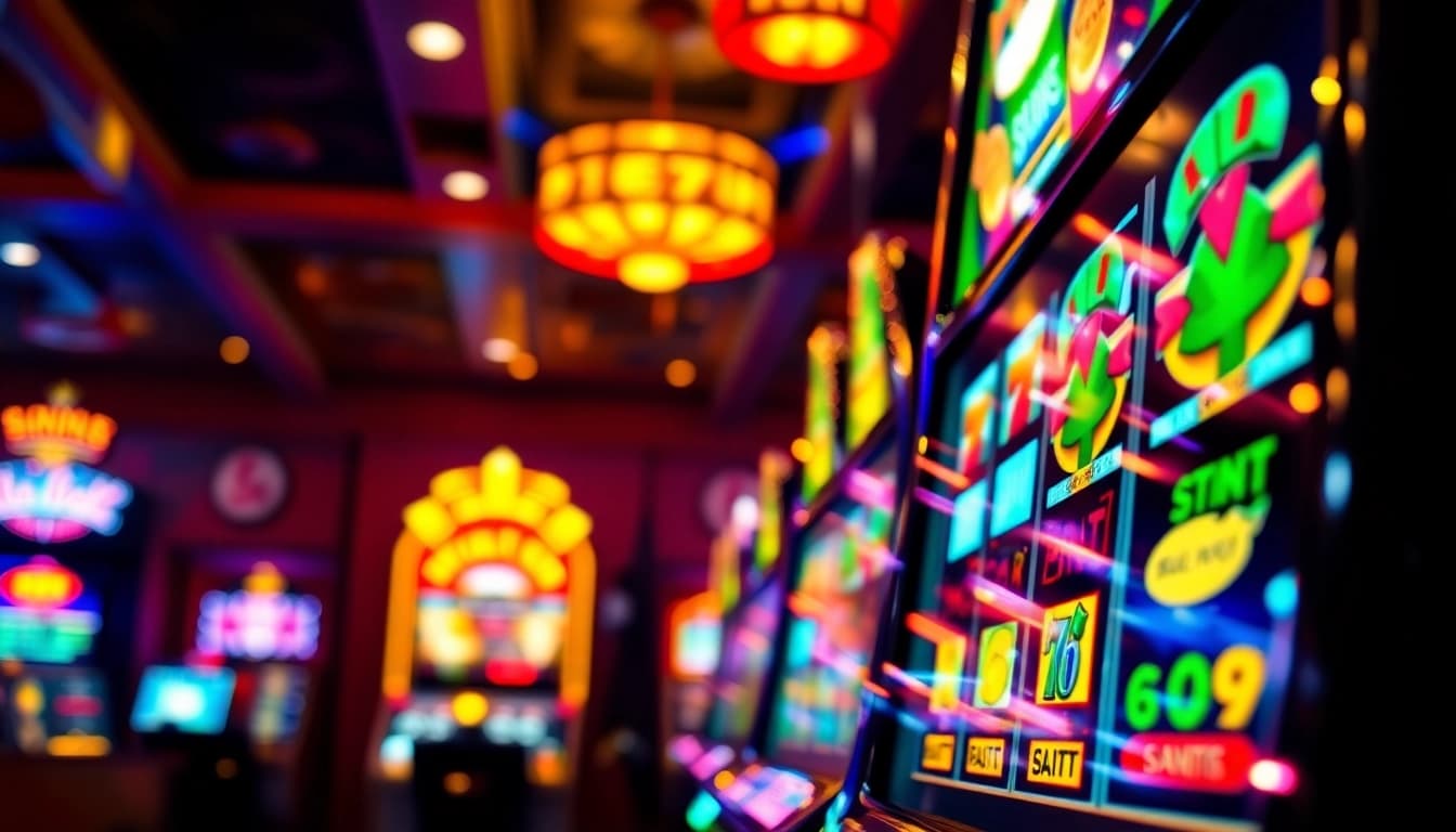 Slot gacor hari ini pada mesin permainan kasino dengan cahaya cerah dan simbol khas.