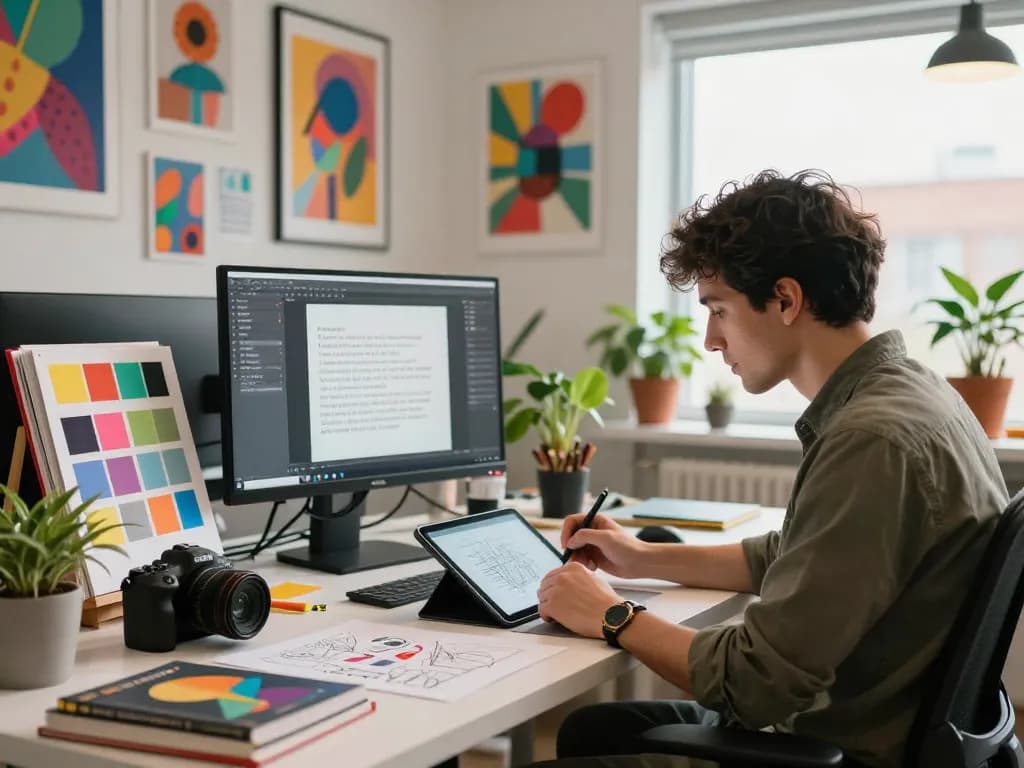 Artist generating image to prompt in a modern creative workspace