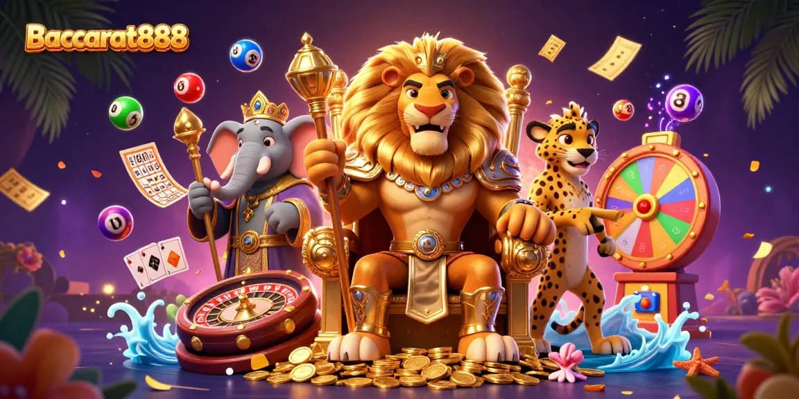 Engage in excitement at Baccarat888 with a fierce lion king and dynamic casino elements.