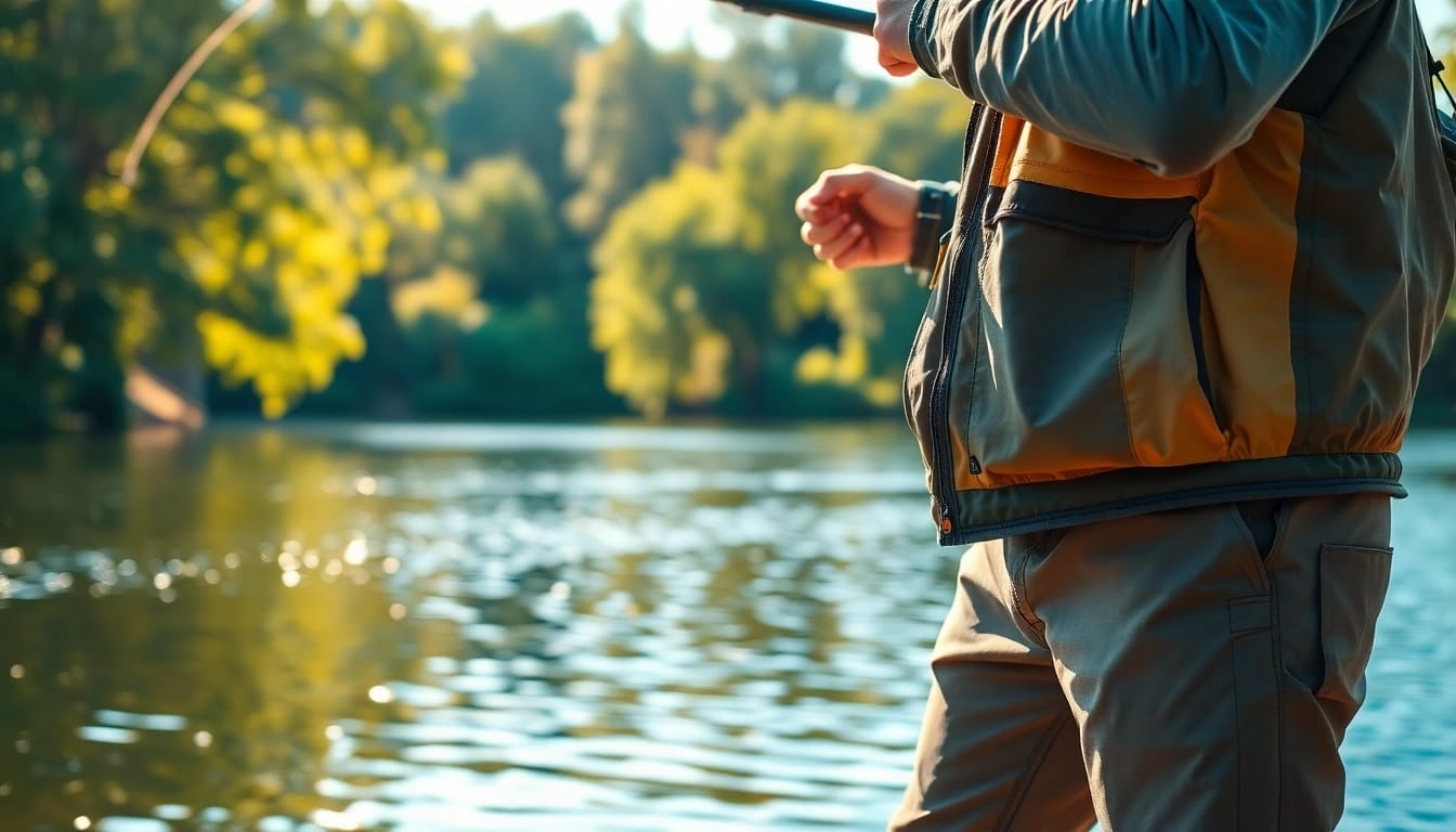 Showcasing fly fishing apparel, a fisherman casts a line while surrounded by tranquil nature.