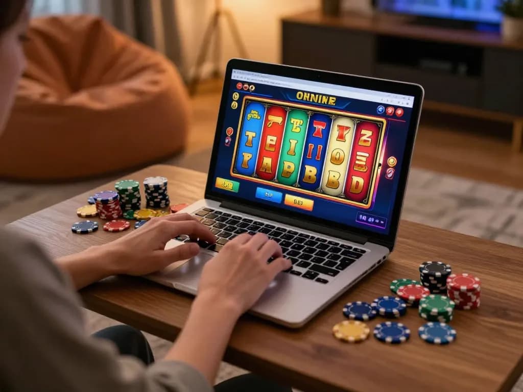 A player spinning slot reels on a laptop, enjoying the excitement of online gambling in a cozy setting