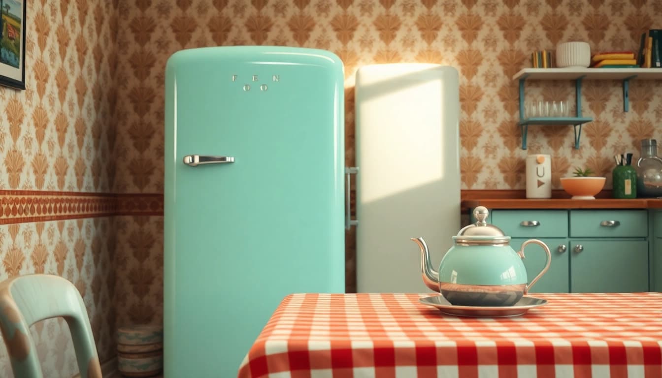 Showcasing a pastel-colored retro appliance in a vintage kitchen with cozy decor.