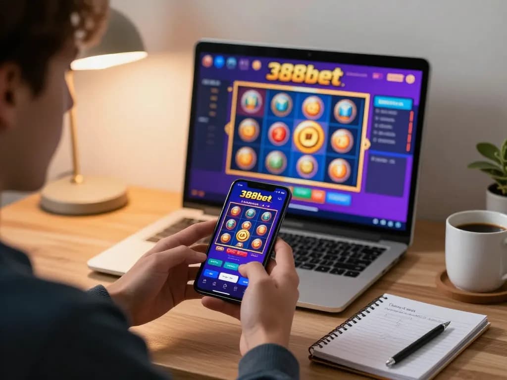 Player using the 388bet mobile app for online gambling on smartphone, showcasing vibrant game interface and exciting gaming atmosphere.