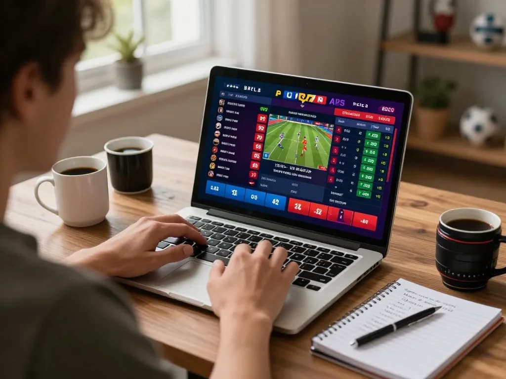 Engaging scene of a player using Canada online casinos reddit for sports betting strategies on a laptop, surrounded by personal elements and sports memorabilia.