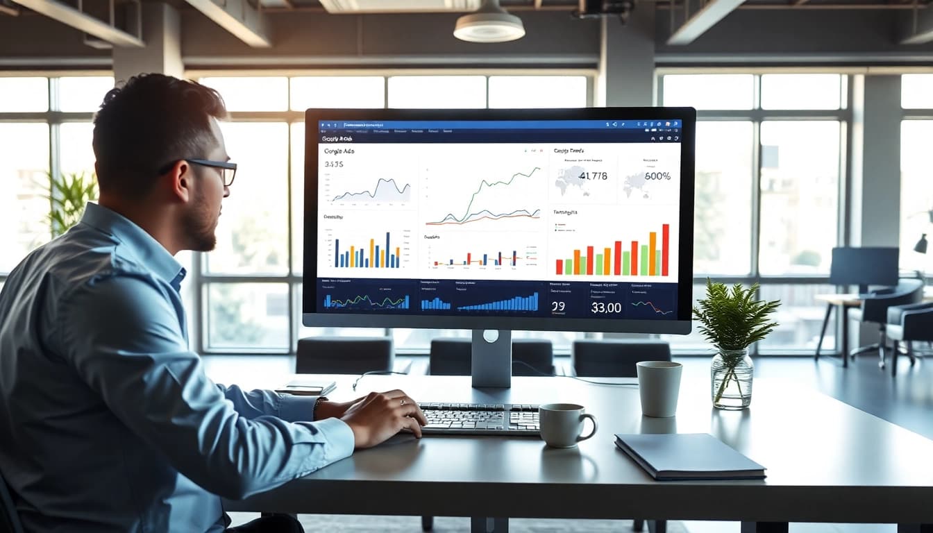 Analyze Google Ads Edmonton performance metrics in a vibrant office space.