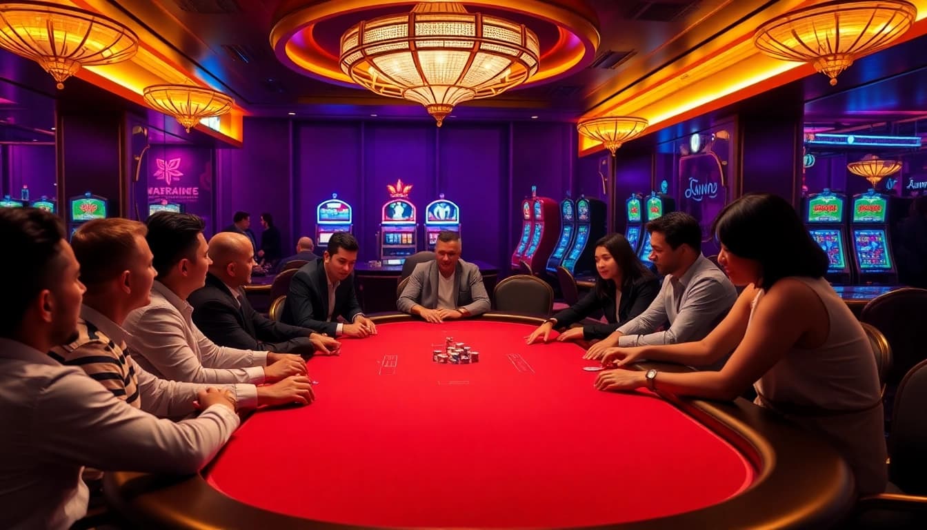 KPI4D gamblers engaging at a luxurious poker table in a vibrant casino atmosphere.