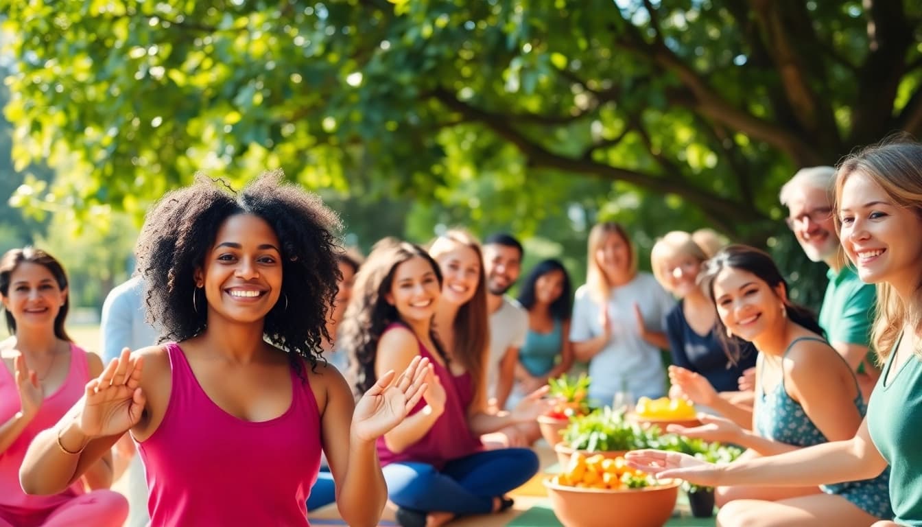 Promote health awareness among diverse individuals engaging in wellness activities outdoors.