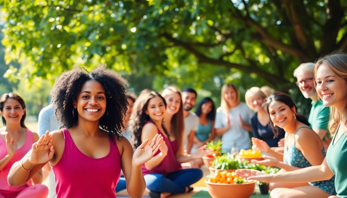 Promote health awareness among diverse individuals engaging in wellness activities outdoors.