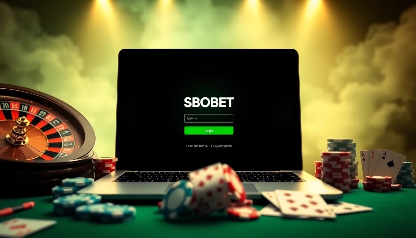 Engage with an SBOBET login screen amidst luxurious casino elements like roulette and poker chips.