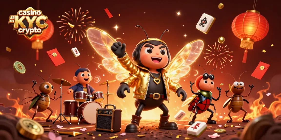 Jouer au casino sans KYC crypto avec des crickets rock stars dans une illustration animée.