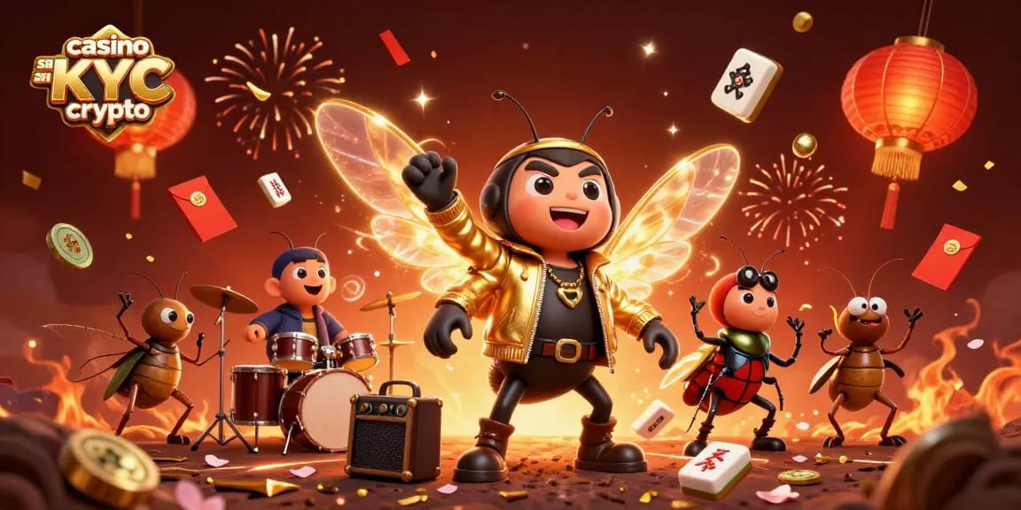 Jouer au casino sans KYC crypto avec des crickets rock stars dans une illustration animée.