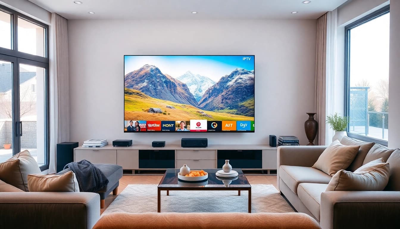Enjoying IPTV Suisse with a high-quality streaming setup in a cozy living room.