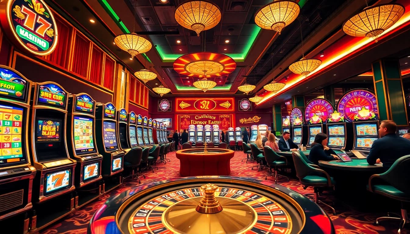 Players enjoying nổ hũ at glamorous casino tables, celebrating jackpot wins among vibrant slot machines.