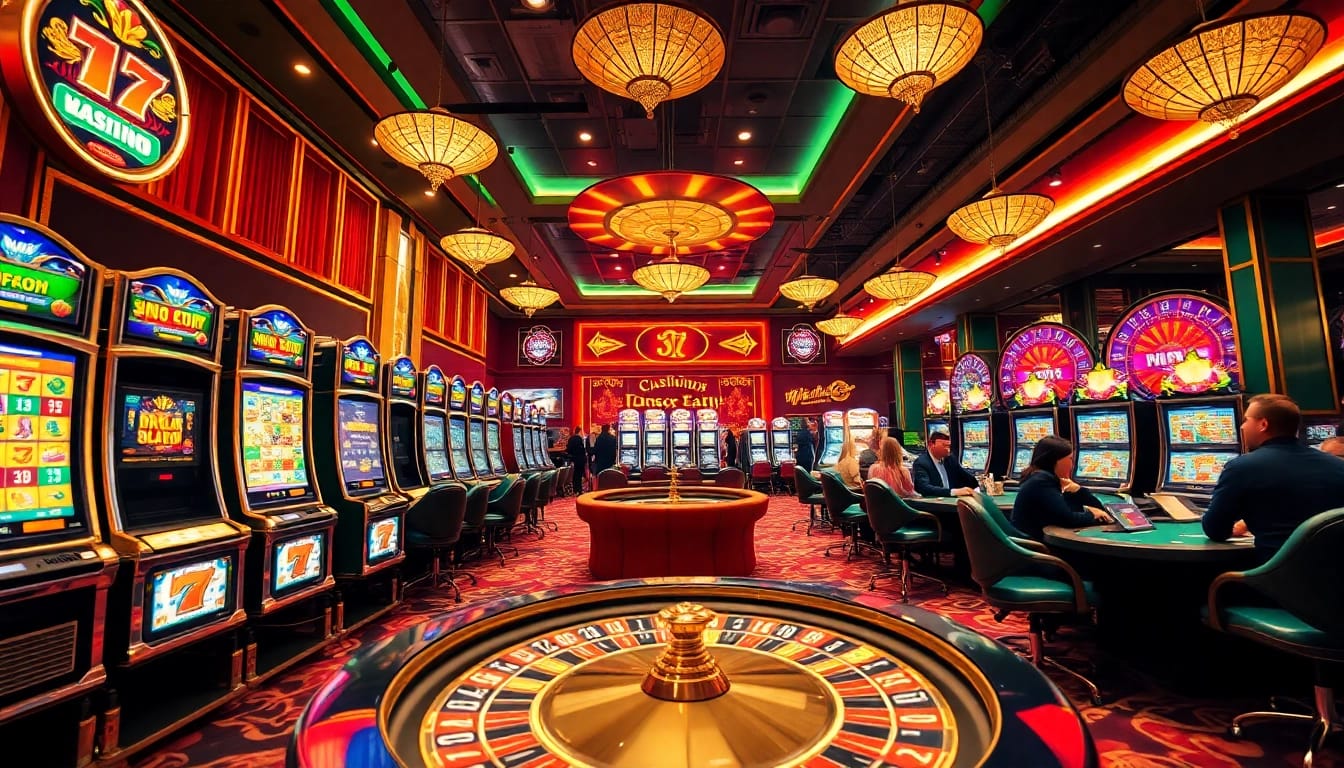 Players enjoying nổ hũ at glamorous casino tables, celebrating jackpot wins among vibrant slot machines.