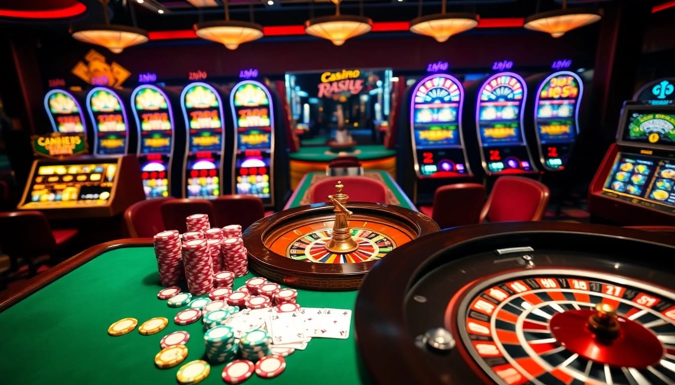 Scène engageante de casino en ligne Français avec une roulette vibrante, des jetons de poker et des éléments de jeu en ligne.