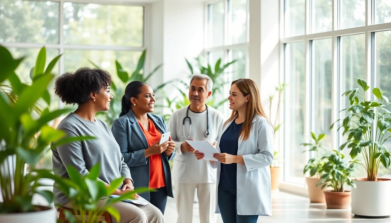 Showcase health consultation with diverse patients discussing wellness in a calming, professional environment.