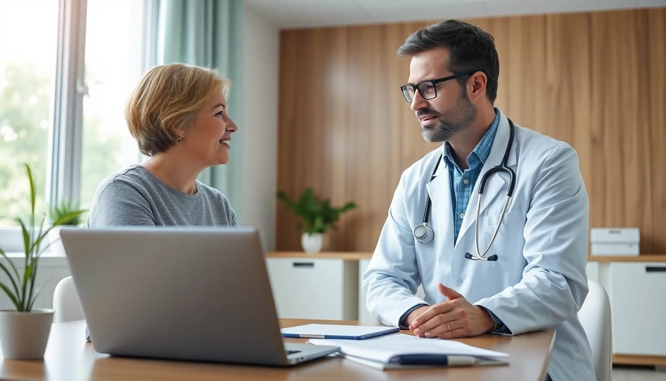 Engaging healthcare consultation about health in a serene clinic setting.
