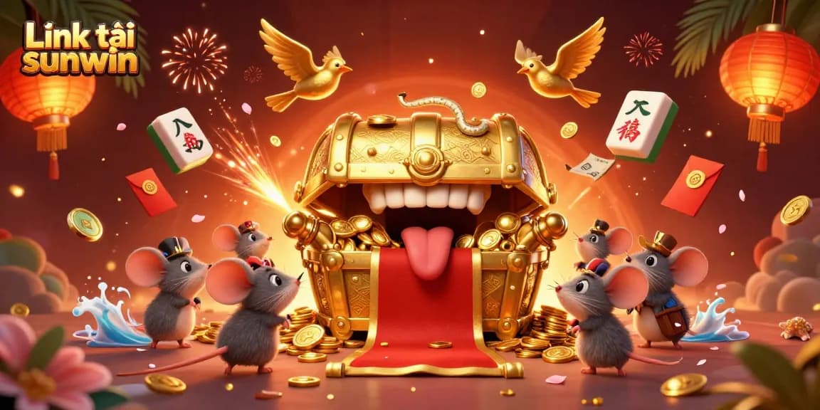 Engage with winning opportunities at Link tải sunwin, featuring a vibrant, colorful digital illustration of a treasure chest.