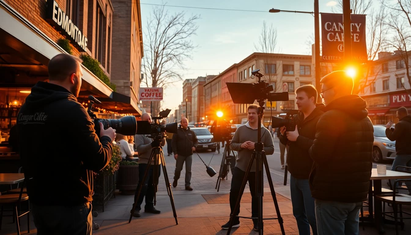 Showcasing edmonton production companies in an urban setting with a dynamic film crew working creatively.