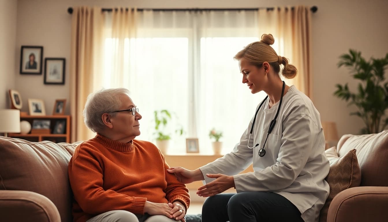 Providing at home health care services near me with compassion in a cozy living room environment.