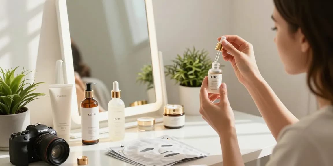Femeie aplicând ser fata la o masă de frumusețe cu produse de îngrijire elegantă în jurul ei