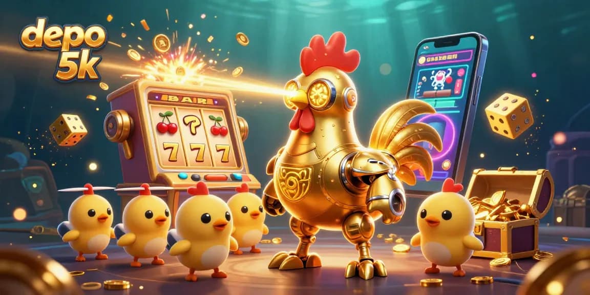 Experience massive wins with depo 5k at this vibrant casino illustration featuring a golden rooster and slot machine.