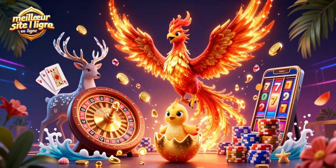 Meilleur site de paris en ligne : illustration dynamique d'un casino avec un phoenix et éléments de paris sportifs.