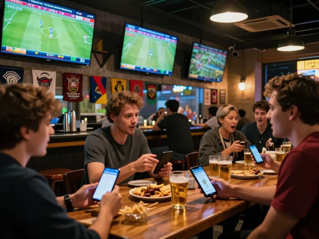 Tính Năng Livescore Nowgoal provides live updates as sports fans place bets in a vibrant sports bar atmosphere.