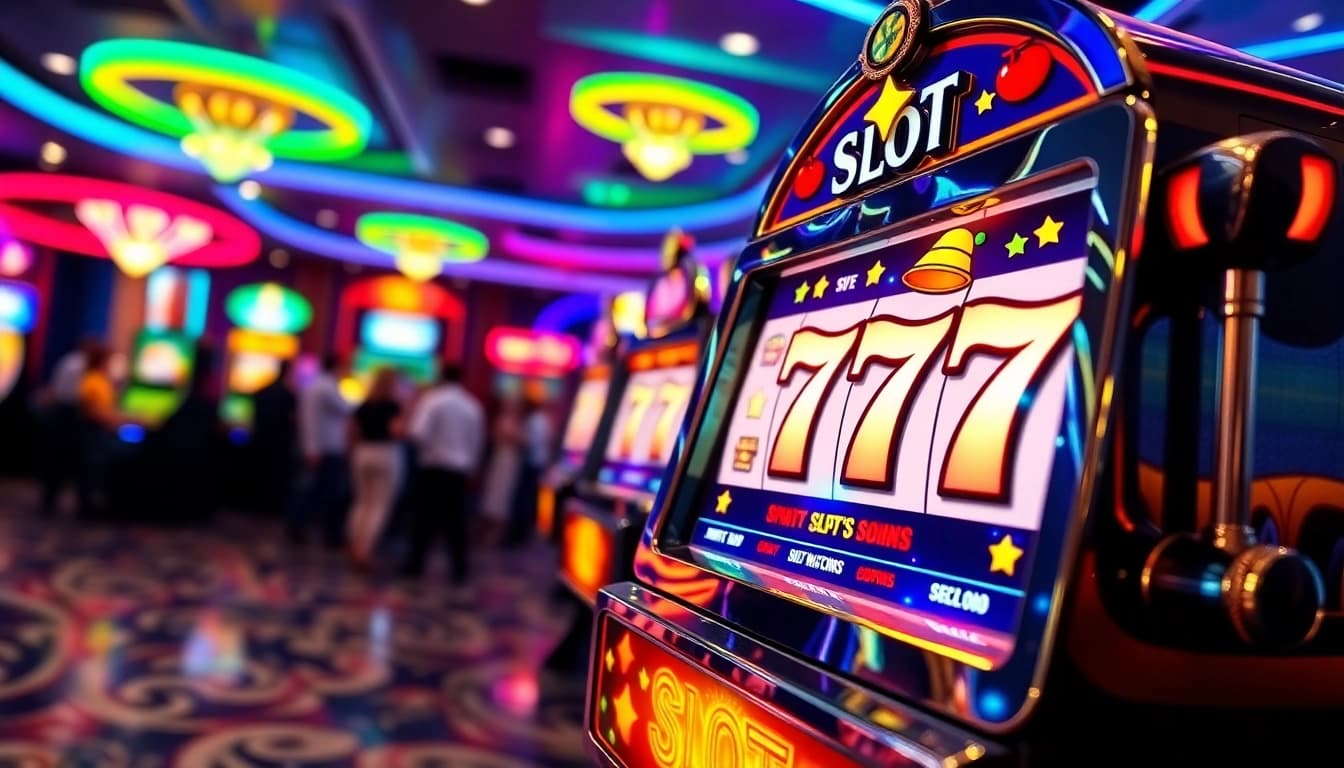 Mainkan slot 777 di mesin slot berkilau dengan warna cerah dan lampu yang memikat.