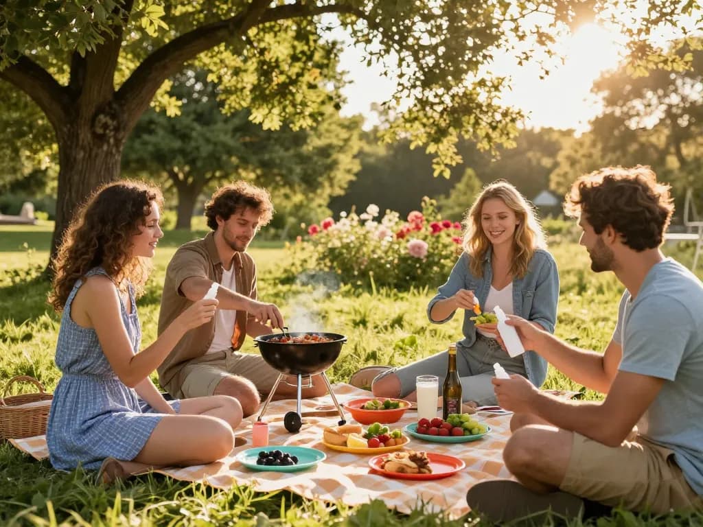Friends enjoying a picnic while applying mosquito repellent to prevent bites.