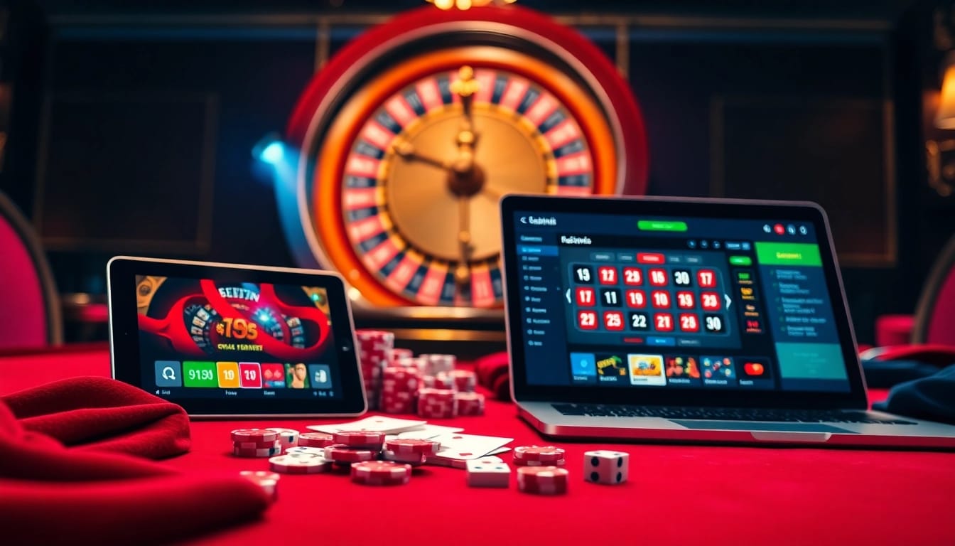 Scène captivante mettant en avant les activités de jeu en ligne au casino en ligne Français avec des jetons de poker et des cartes colorés.