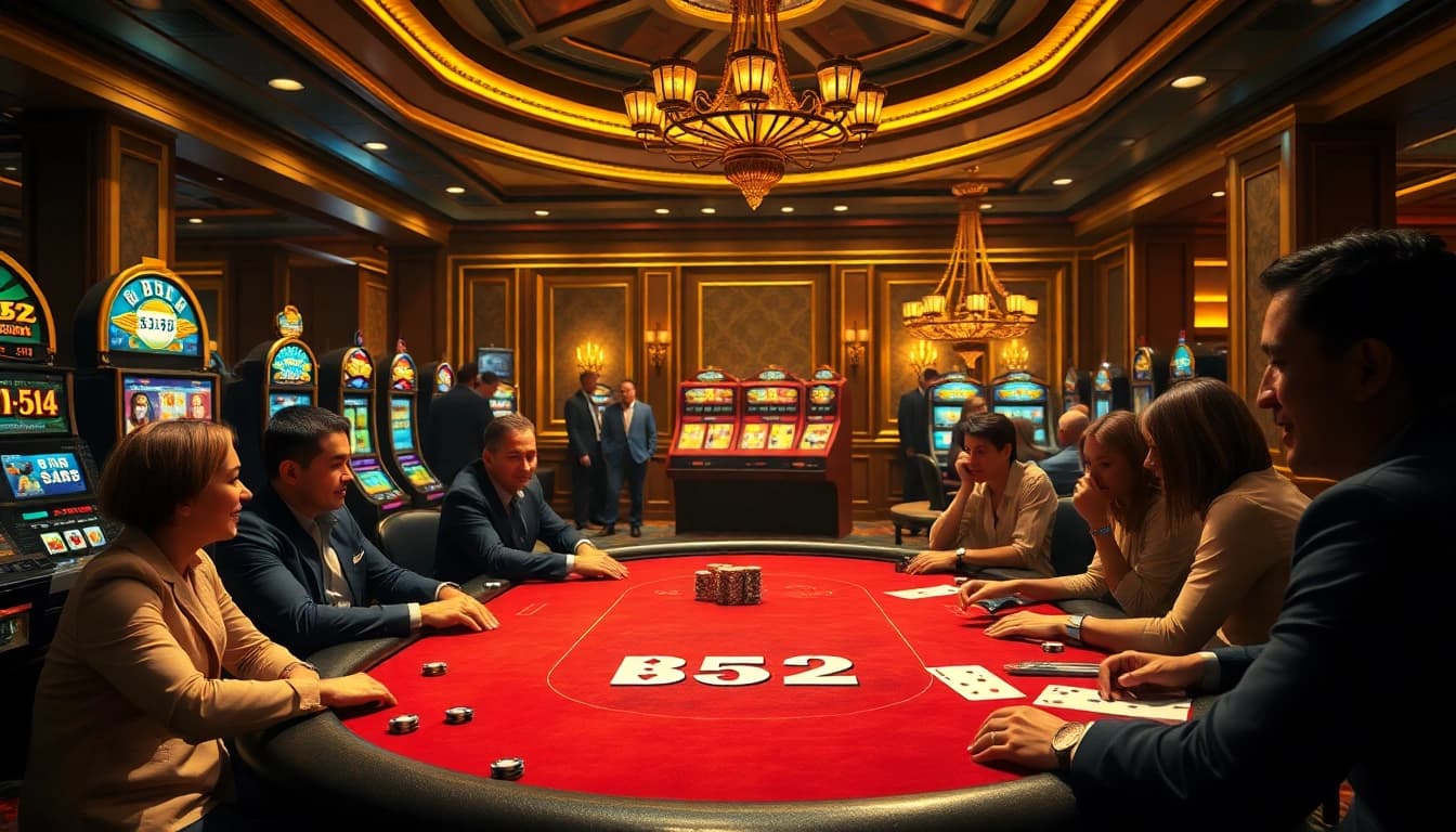 Engaged players compete in a b52-themed high-stakes poker game, surrounded by vibrant casino decor.