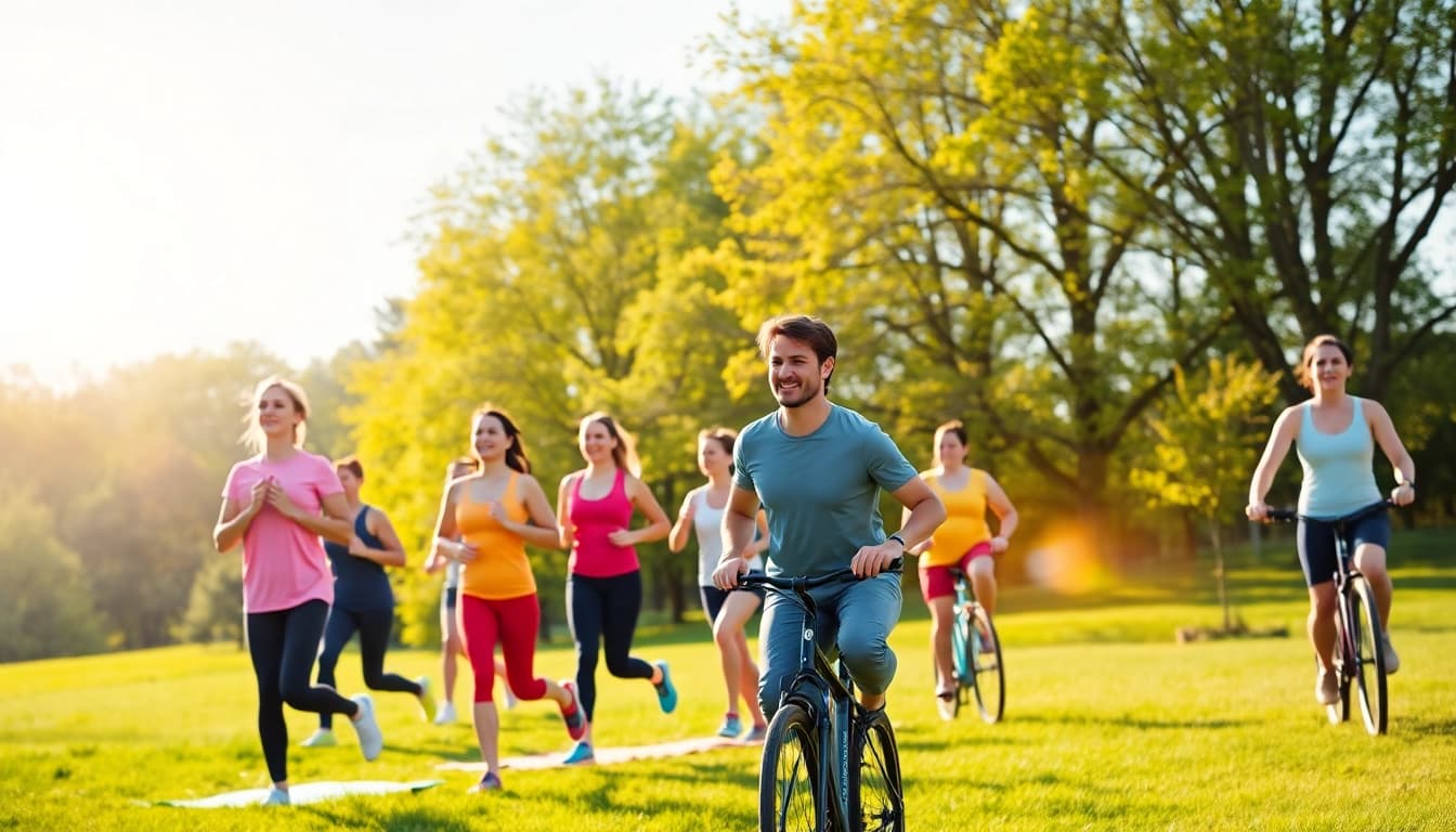 Engaging outdoor activities that promote health among diverse individuals in a vibrant setting.