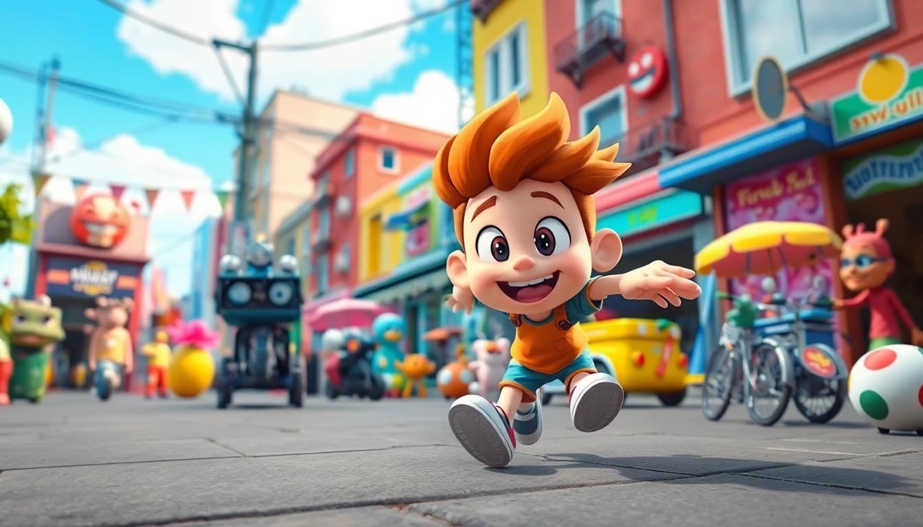 Bewegte Szene in einer 2D Animation mit lebhaften Charakteren und einem bunten Hintergrund.