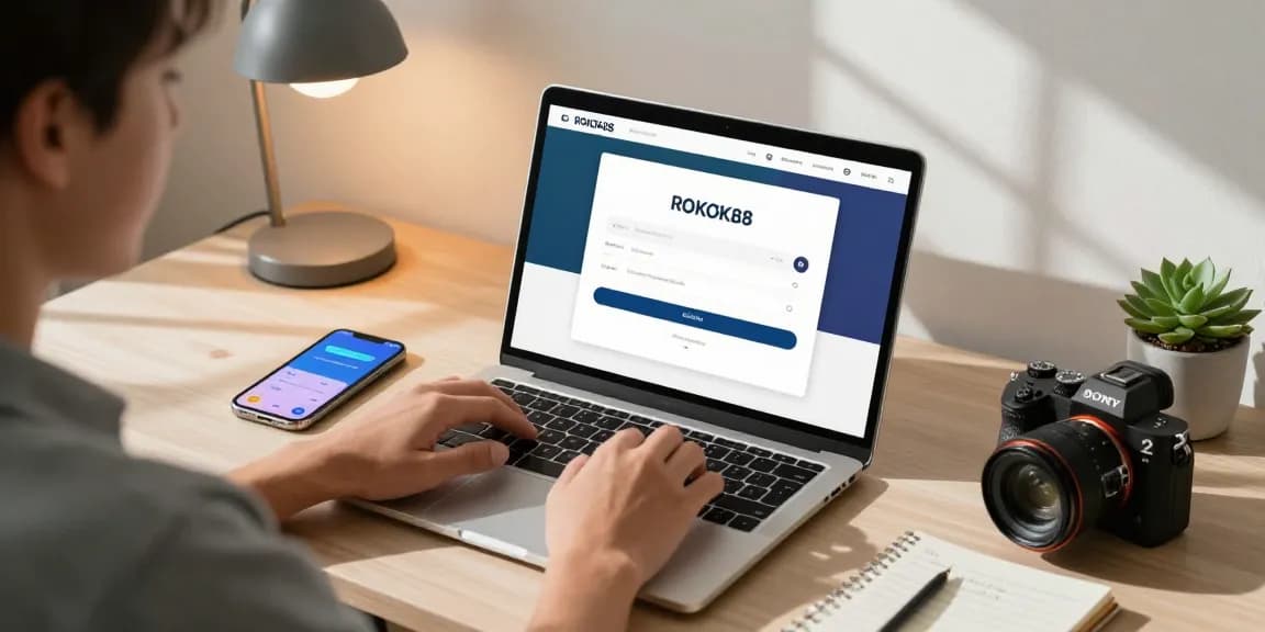 Secure rokok88 login interface on a sleek laptop in a modern workspace.