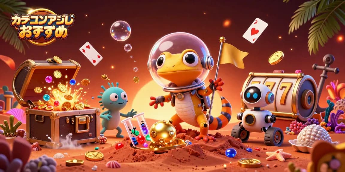 オンラインカジノアプリのおすすめで、火星の砂の中に埋まったカジノを発見するカラフルなキャラクターたち