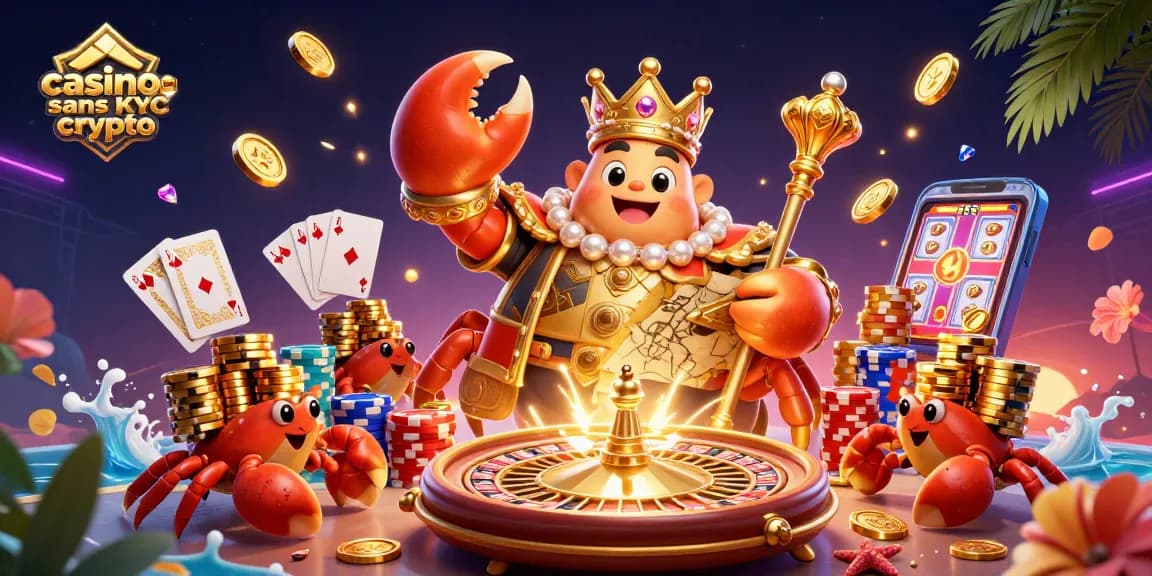 Découvrez une illustration captivante de casino sans KYC crypto avec un crabe doré prince et des pièces scintillantes.