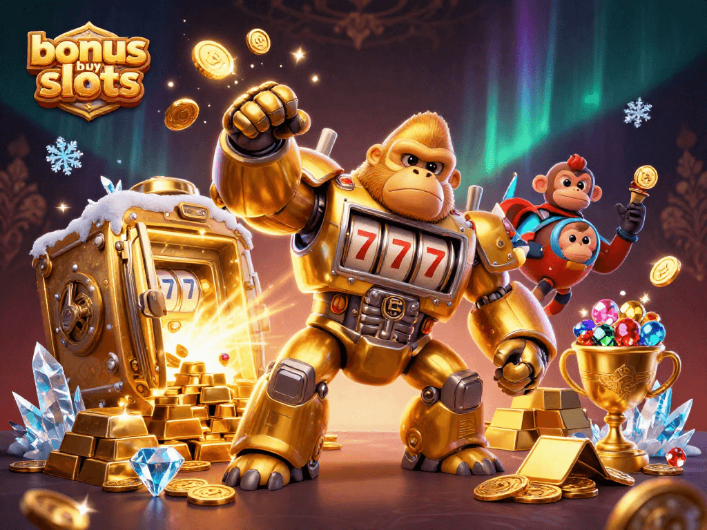Engage with thrilling bonus buy slots featuring a golden gorilla mech and treasures galore.