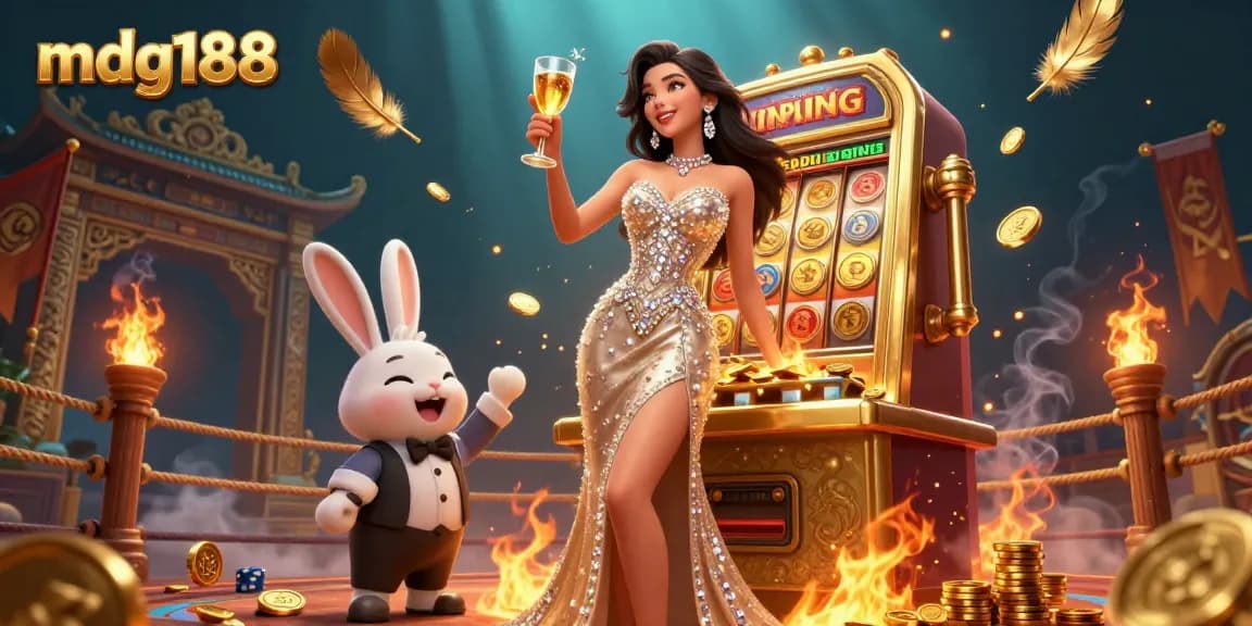 Experience the excitement of winning with mdg188 in this vibrant 3D casino scene featuring a jackpot slot machine.