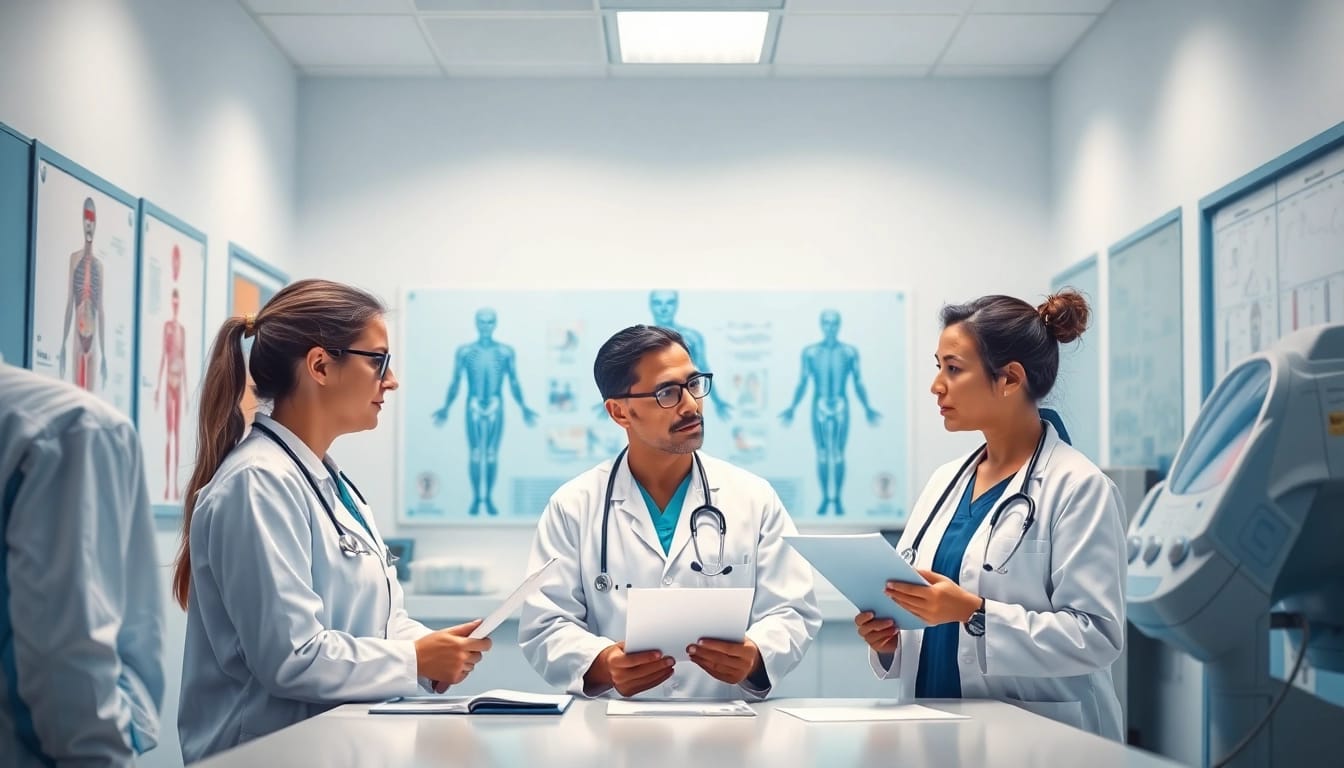 Healthcare professionals engaging in a discussion about Health in a modern clinic environment.