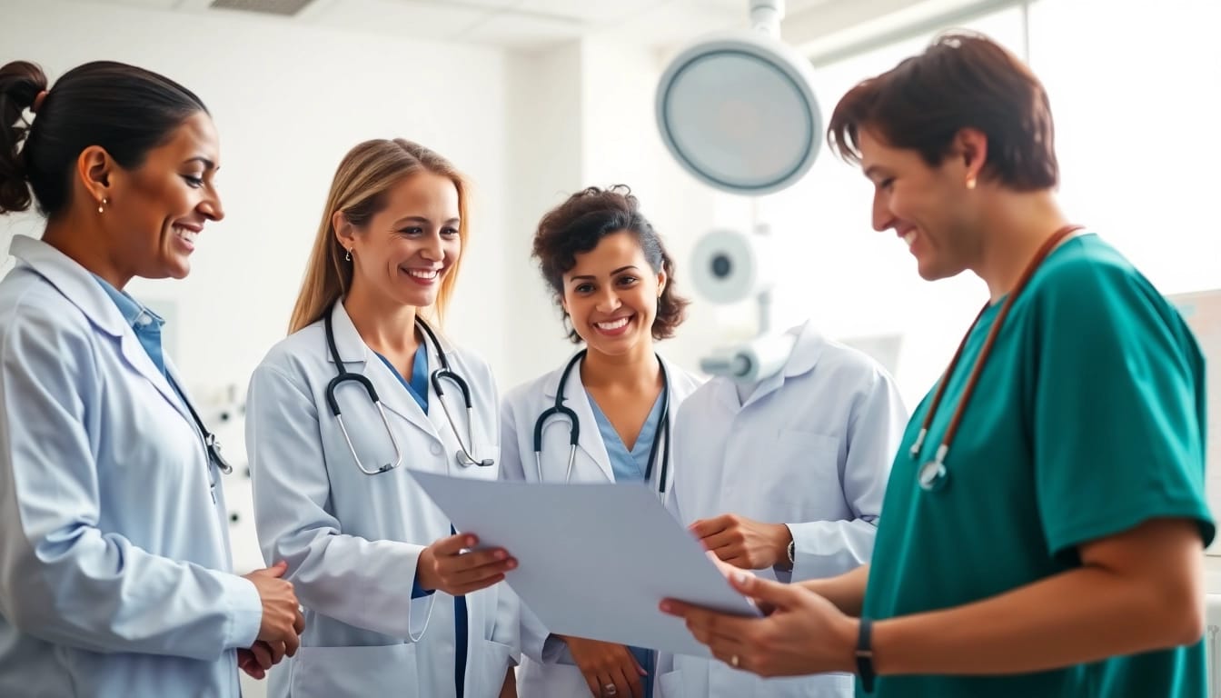 Health professionals collaborating in a modern clinic, showcasing teamwork and care.